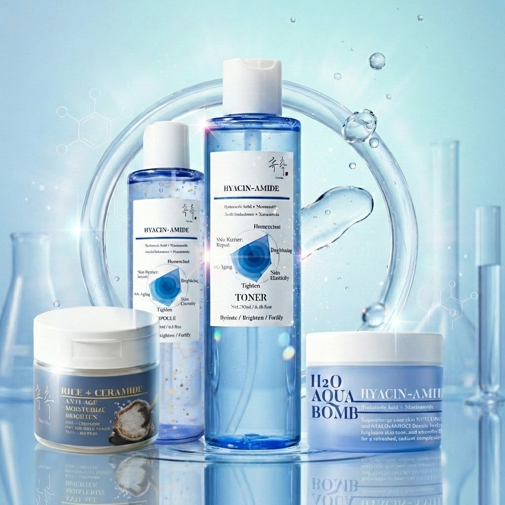 CHOC CHOC SKIN HYACIN-AMIDE skincare set with hyaluronic acid and niacinamide including toner, ampoule, aqua bomb cream, and rice ceramide toner pads for deep hydration and glow