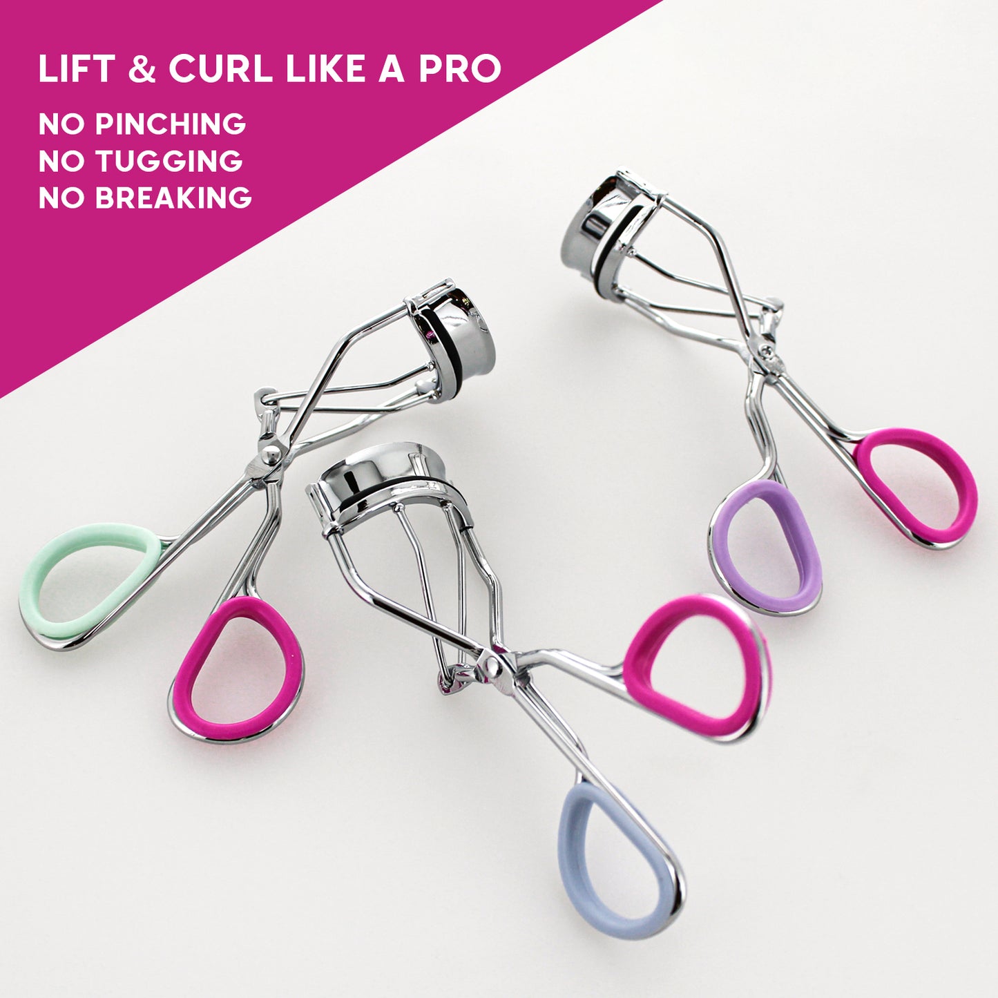 EYELASH CURLER W/ INNER GRIP - SILVER W/ PINK & MINT (INSERT)