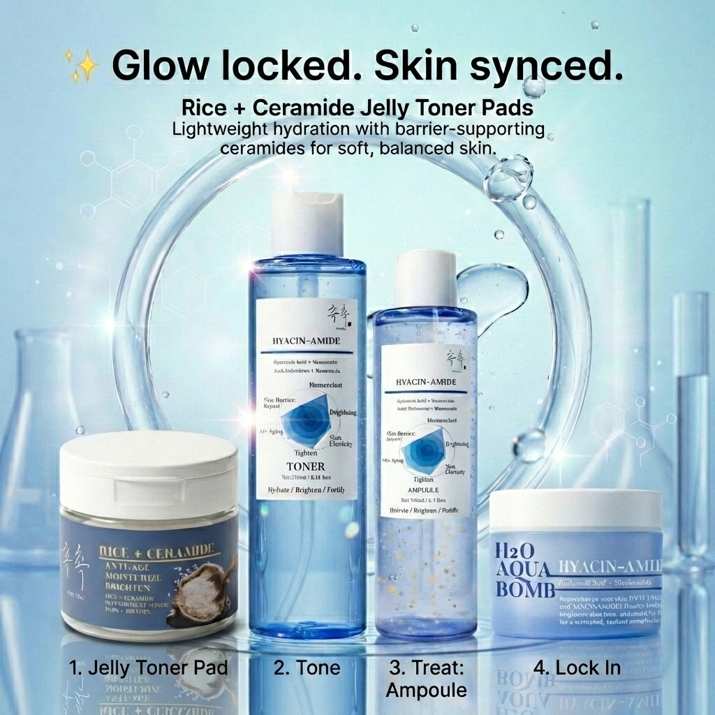 Rice ceramide jelly toner pads paired with hydrating skincare routine for barrier support