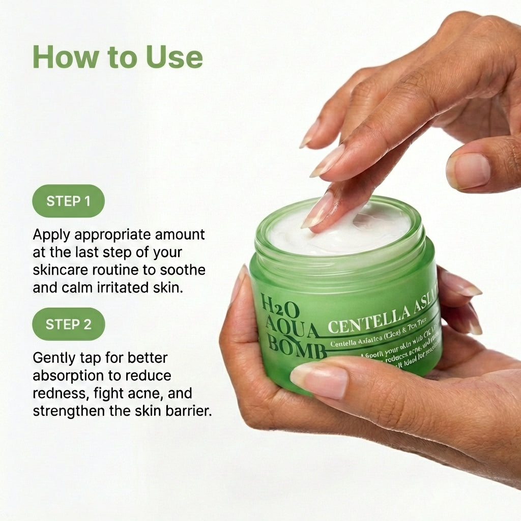 How to use CENTELLA ASIAC-TEA H2O AQUA BOMB moisturizer – apply as last step to soothe skin, reduce redness, and support the skin barrier