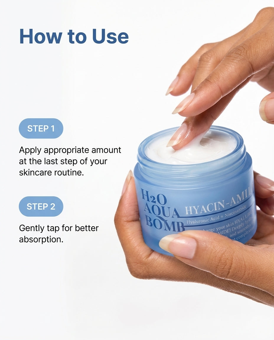 How to use HYACIN-AMIDE H2O Aqua Bomb moisturizer – apply after serum for hydrated dewy skin and smooth glow