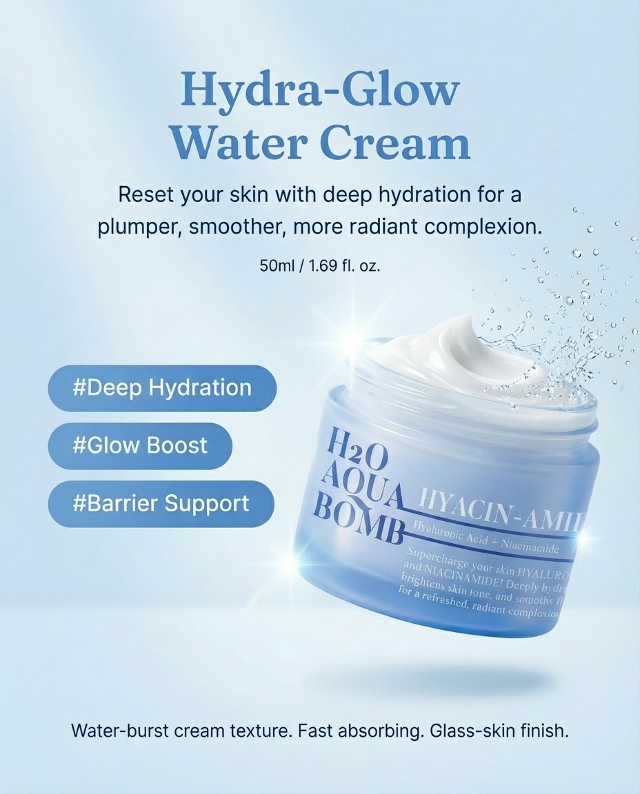 HYACIN-AMIDE H2O Aqua Bomb moisturizer benefits – hydrates, brightens, and smooths with Hyaluronic Acid and Niacinamide