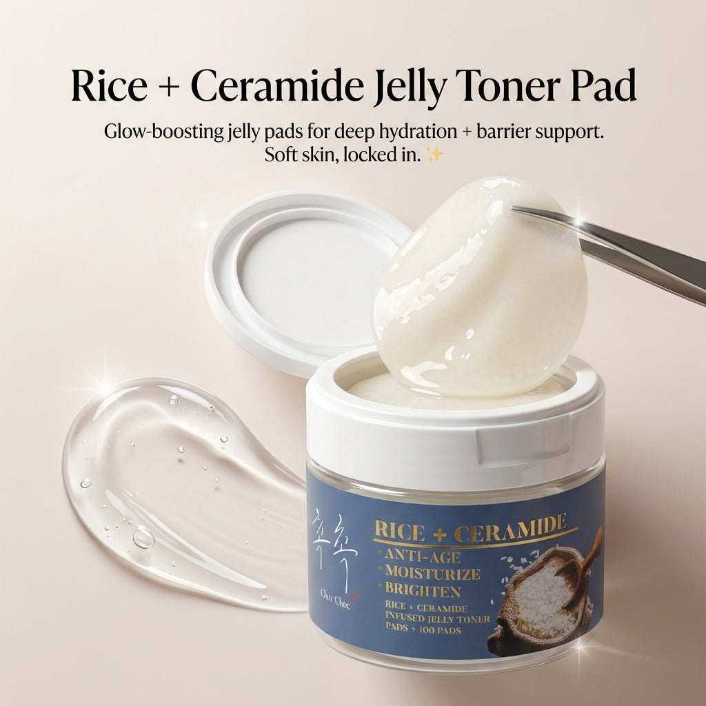 Rice + Ceramide Jelly Toner Pads by CHOC CHOC SKIN showing jelly texture for deep hydration, barrier support, and glass-skin glow