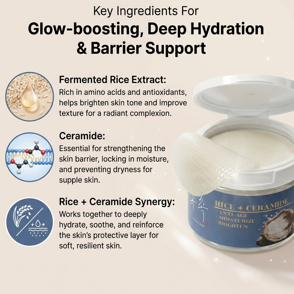 Rice extract and ceramides ingredient infographic highlighting barrier repair and glow benefits
