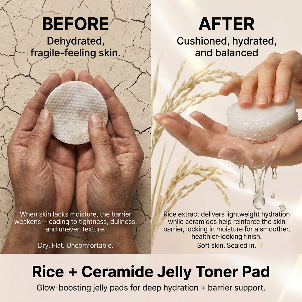Before and after results showing improved hydration and smoother skin using rice ceramide toner pads