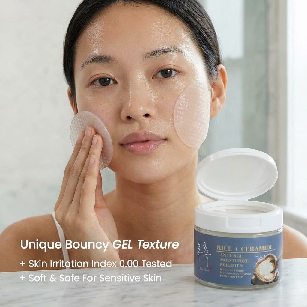 Applying rice and ceramide jelly toner pads for soft hydrated glowing skin