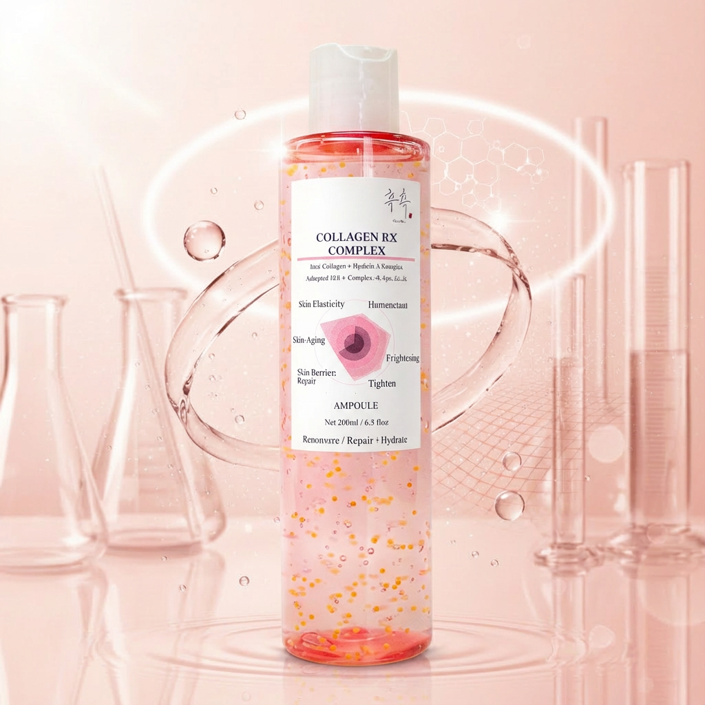 Hand holding COLLAGEN RX COMPLEX ampoule – lightweight collagen peptide ampoule for hydration and plump skin